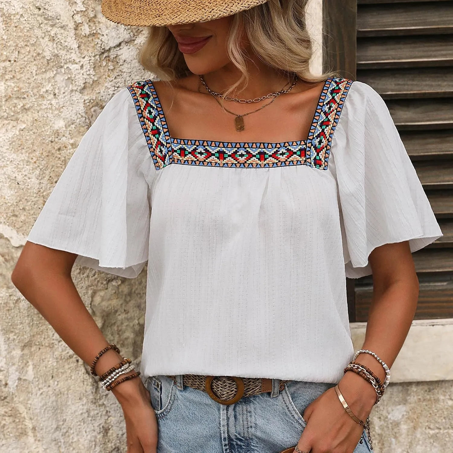 Mexican Shirts for Women Boho Embroidered Short Butterfly Sleeve Tops Square Neck Loose Blouses Peasant Tees Tunics