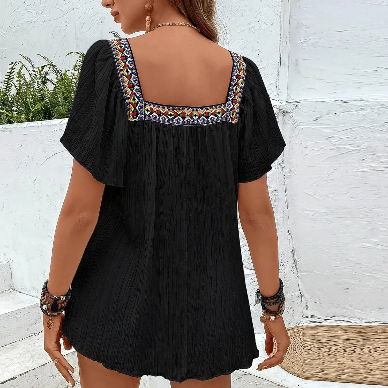 Mexican Shirts for Women Boho Embroidered Short Butterfly Sleeve Tops Square Neck Loose Blouses Peasant Tees Tunics