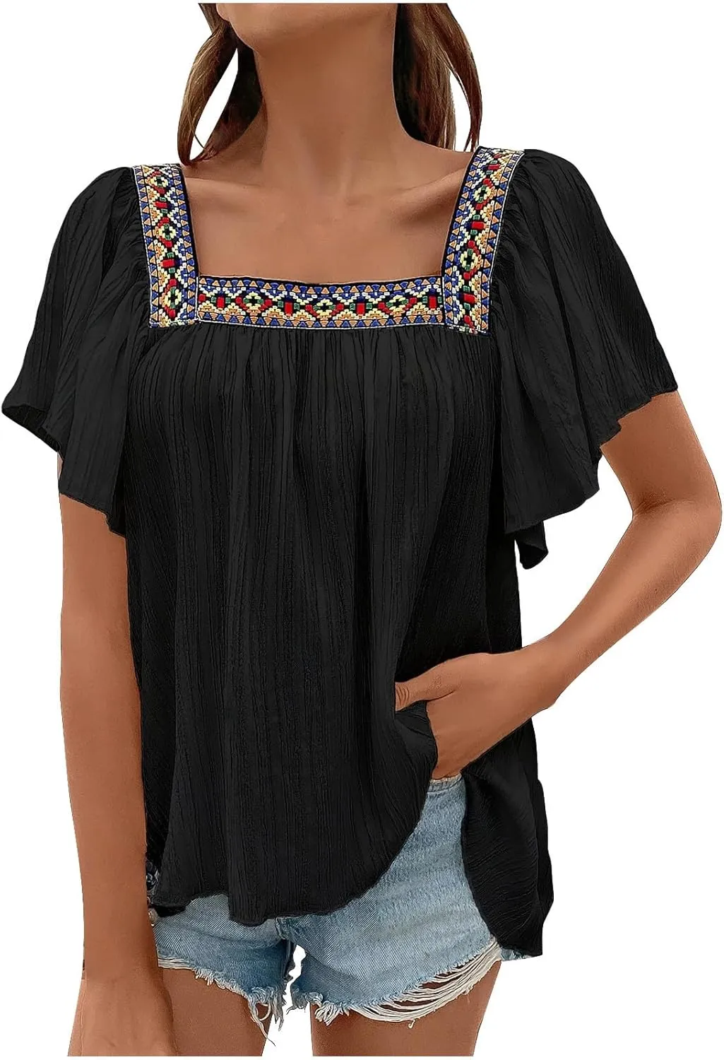 Mexican Shirts for Women Boho Embroidered Short Butterfly Sleeve Tops Square Neck Loose Blouses Peasant Tees Tunics