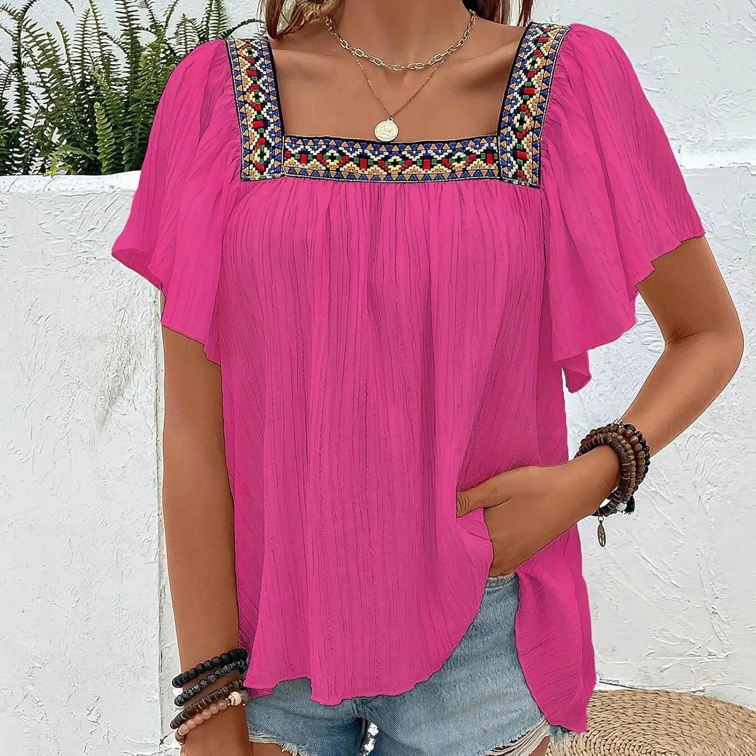 Mexican Shirts for Women Boho Embroidered Short Butterfly Sleeve Tops Square Neck Loose Blouses Peasant Tees Tunics