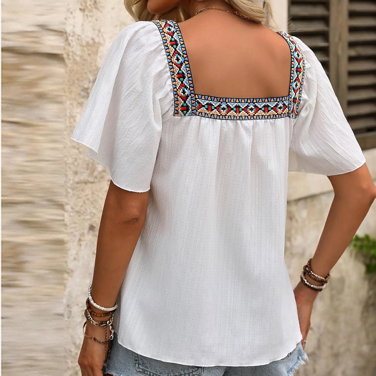 Mexican Shirts for Women Boho Embroidered Short Butterfly Sleeve Tops Square Neck Loose Blouses Peasant Tees Tunics