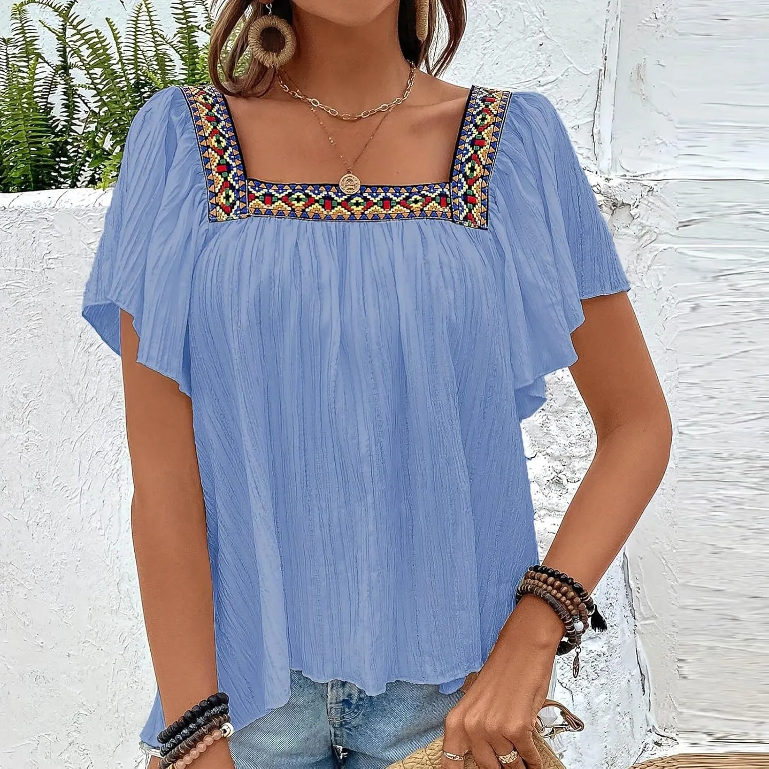 Mexican Shirts for Women Boho Embroidered Short Butterfly Sleeve Tops Square Neck Loose Blouses Peasant Tees Tunics