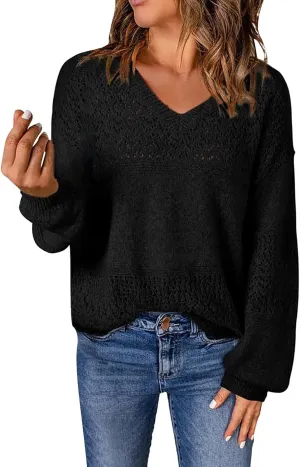 Miyaomn 2024 Fashion Sweaters for Women Long Sleeve V Neck Hollow Out Pullover Sweater Casual Lightweight Crochet Jumper Tops