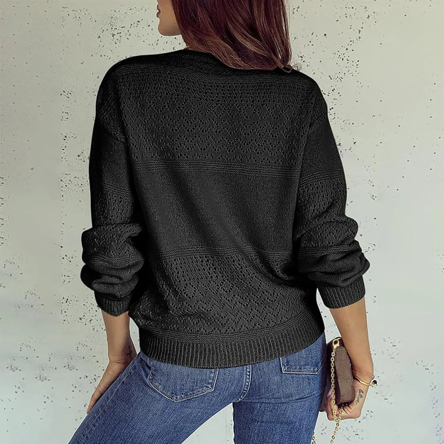 Miyaomn 2024 Fashion Sweaters for Women Long Sleeve V Neck Hollow Out Pullover Sweater Casual Lightweight Crochet Jumper Tops