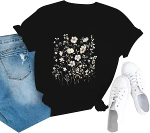 Miyaomn 2025 Floral T Shirts for Women Casual Wildflower Graphic Tees Vintage Boho Short Sleeve Blouses Plus Size Summer Tops