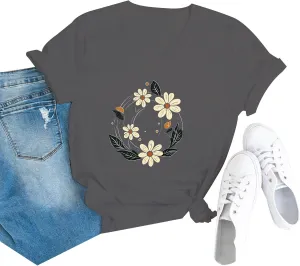 Miyaomn 2025 Floral T Shirts for Women Casual Wildflower Graphic Tees Vintage Boho Short Sleeve Blouses Plus Size Summer Tops