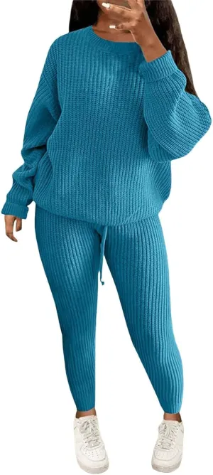 Miyaomn Casual Ribbed Knit Sets for Women 2 Piece Outfit Long Sleeve Pullover Sweater Top and Drawstring Long Pants Sweatsuit
