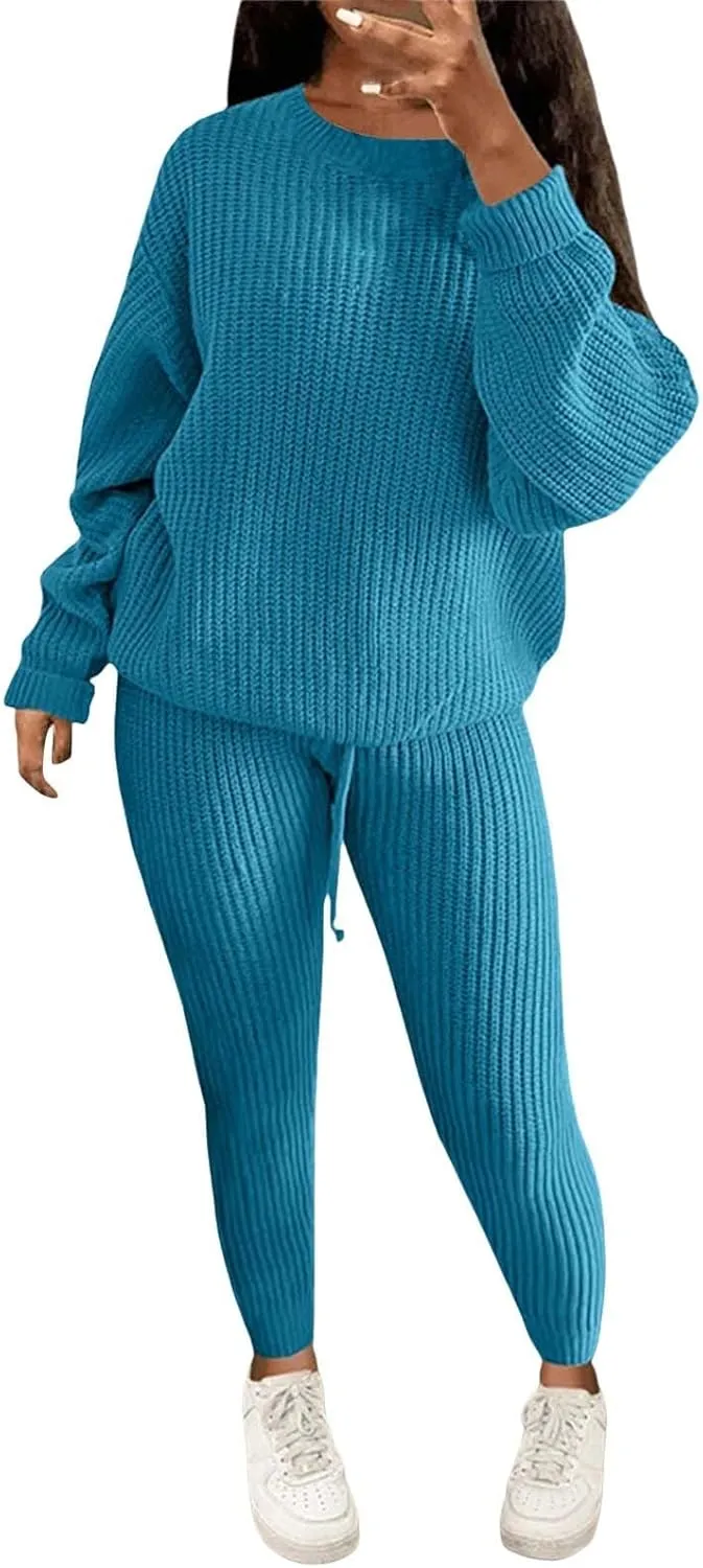 Miyaomn Casual Ribbed Knit Sets for Women 2 Piece Outfit Long Sleeve Pullover Sweater Top and Drawstring Long Pants Sweatsuit