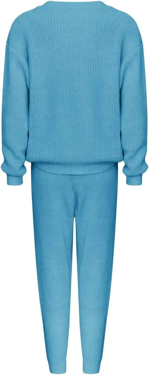 Miyaomn Casual Ribbed Knit Sets for Women 2 Piece Outfit Long Sleeve Pullover Sweater Top and Drawstring Long Pants Sweatsuit
