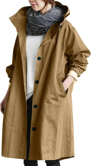 Miyaomn Rain Jacket for Women Lightweight Hooded Trench Coats Long Sleeve Windbreaker Outdoor Waterproof Raincoat with Pocket