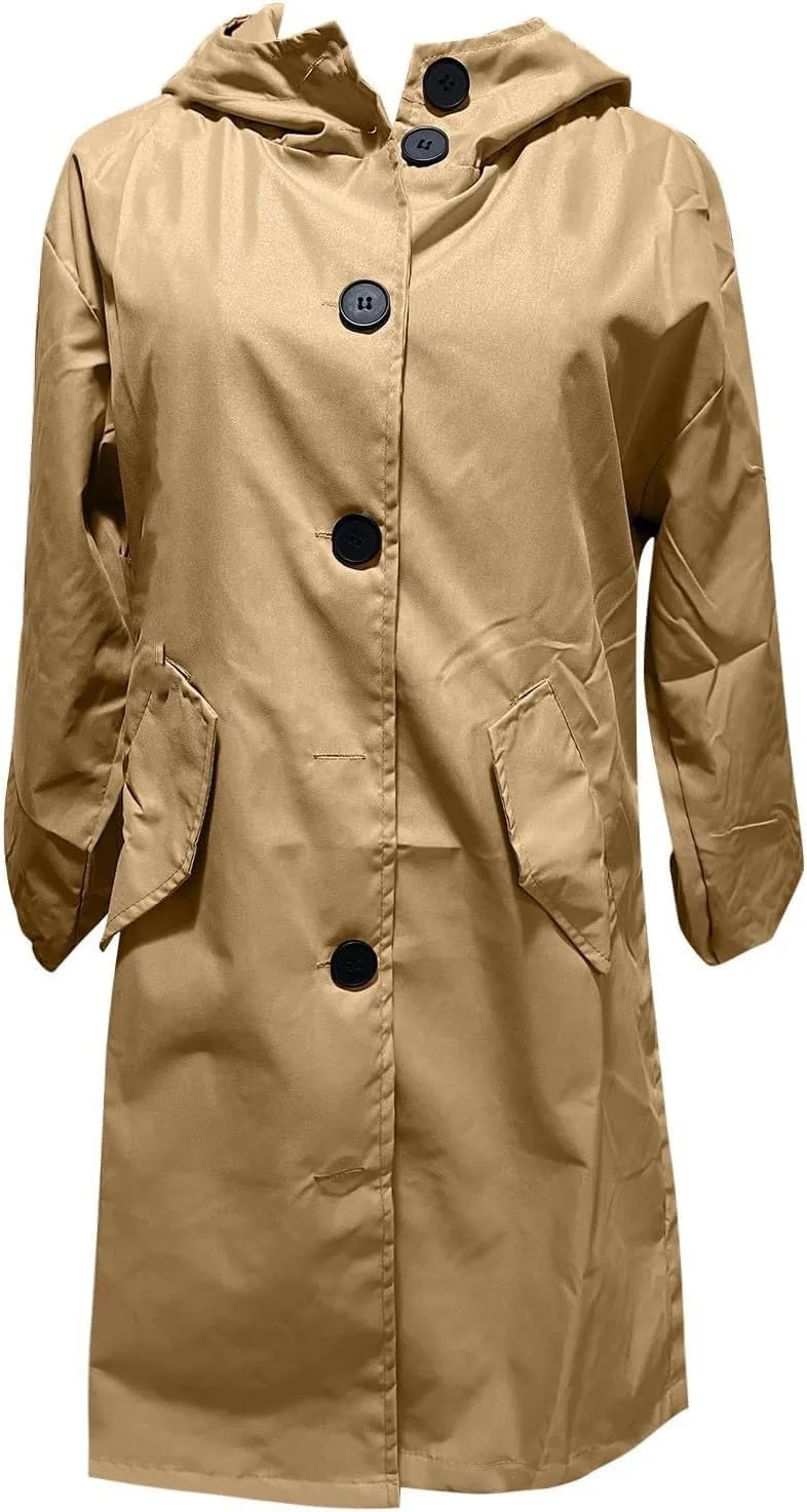 Miyaomn Rain Jacket for Women Lightweight Hooded Trench Coats Long Sleeve Windbreaker Outdoor Waterproof Raincoat with Pocket