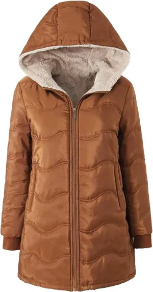 Miyaomn Women's Hooded Quilted Down Coat Thick Sherpa Lined Knee Length Puffer Winter Padding Coat Fleece Warm Outwear Jacket