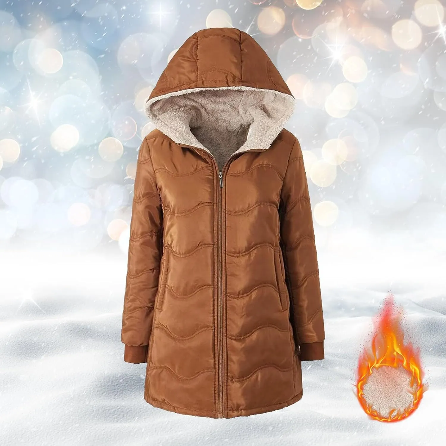 Miyaomn Women's Hooded Quilted Down Coat Thick Sherpa Lined Knee Length Puffer Winter Padding Coat Fleece Warm Outwear Jacket