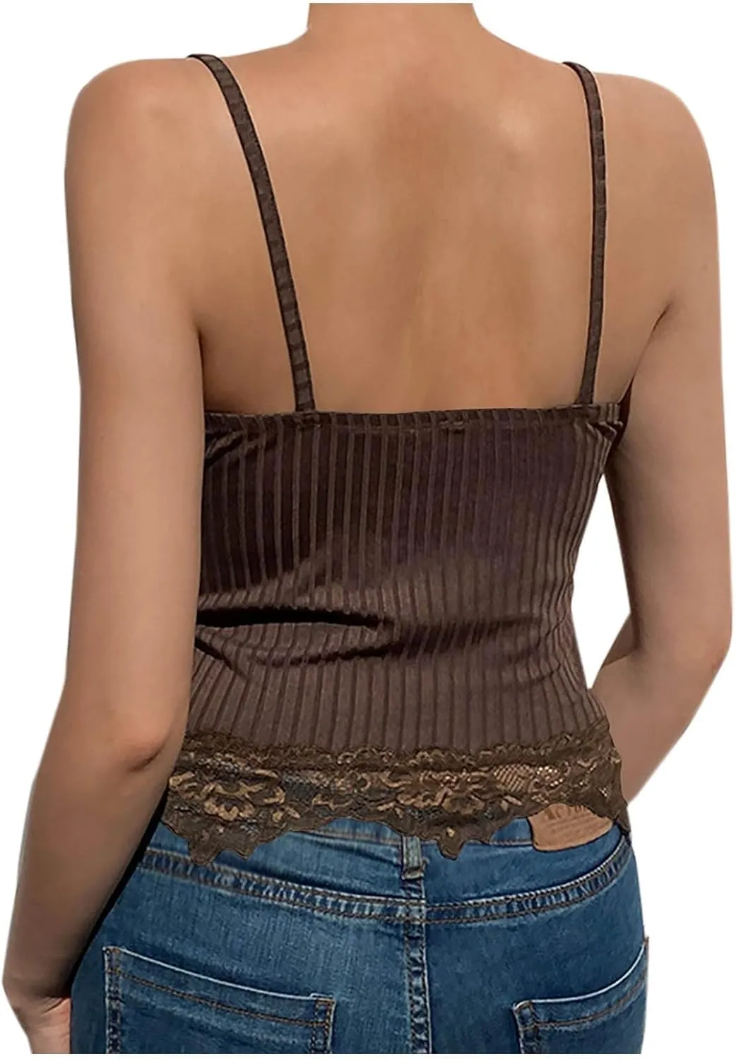 Miyaomn Women's Lace V-Neck Crop Tank Tops Ribbed Seamless Cami Top Crochet Knit Vest Sexy Sleeveless Sheer Mesh Y2k Clothing