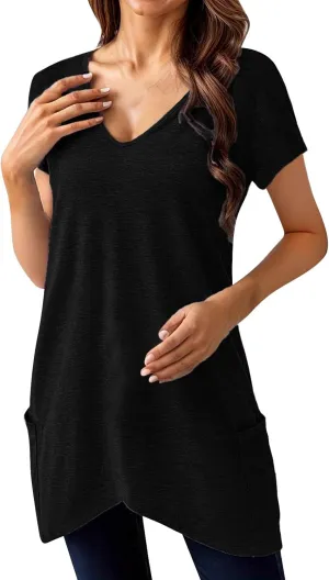 Miyaomn Women's Long Tunic Tops to Wear with Leggings Trendy Short Sleeve Loose Blouse Plus Size Casual Solid V Neck T Shirts