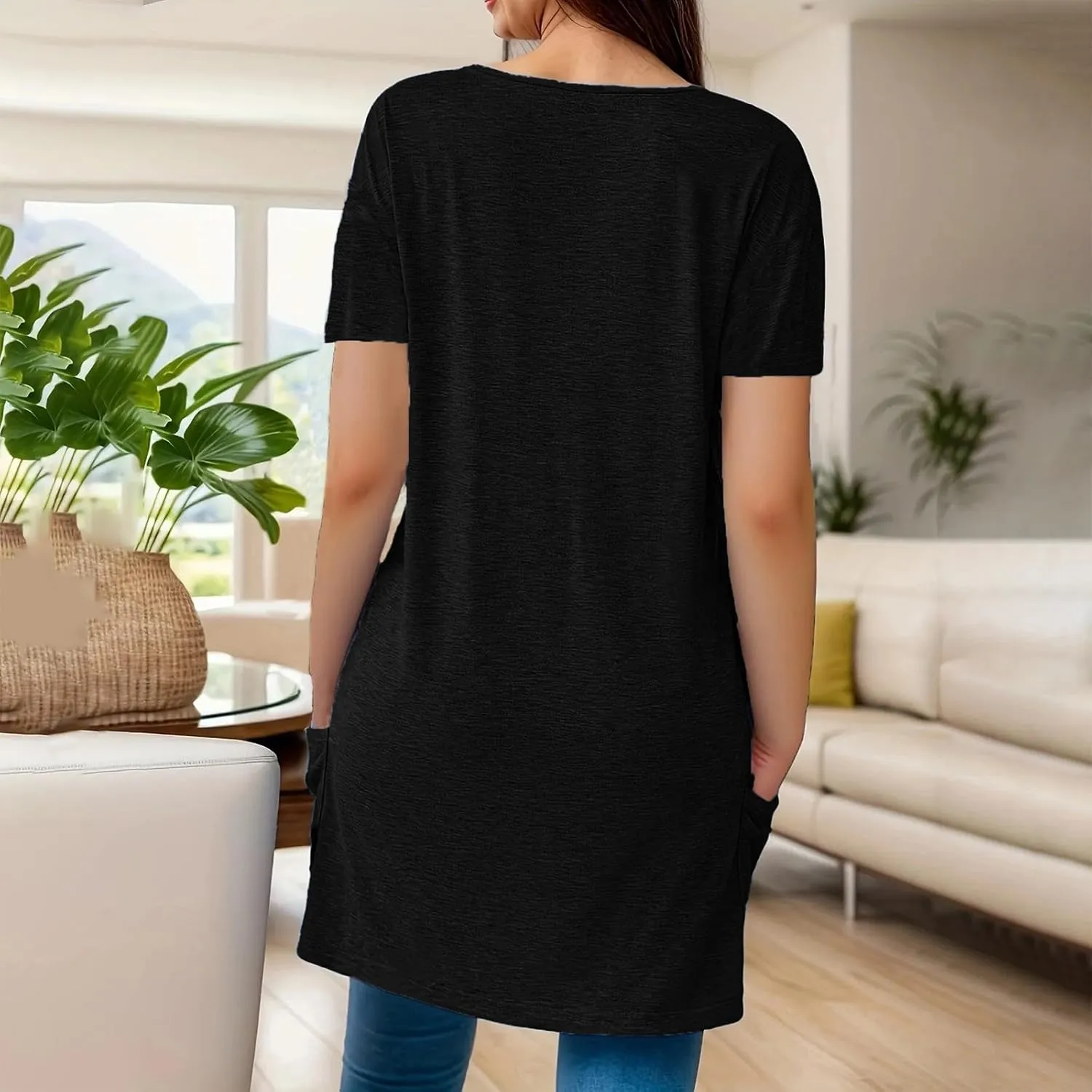 Miyaomn Women's Long Tunic Tops to Wear with Leggings Trendy Short Sleeve Loose Blouse Plus Size Casual Solid V Neck T Shirts