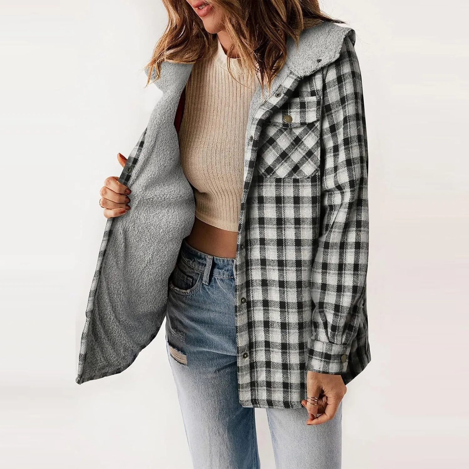 Miyaomn Women's Plaid Shacket Jacket Long Sleeve Button Down Fleece Lined Hooded Cardigan Jackets Warm Coats Sherpa Outerwear