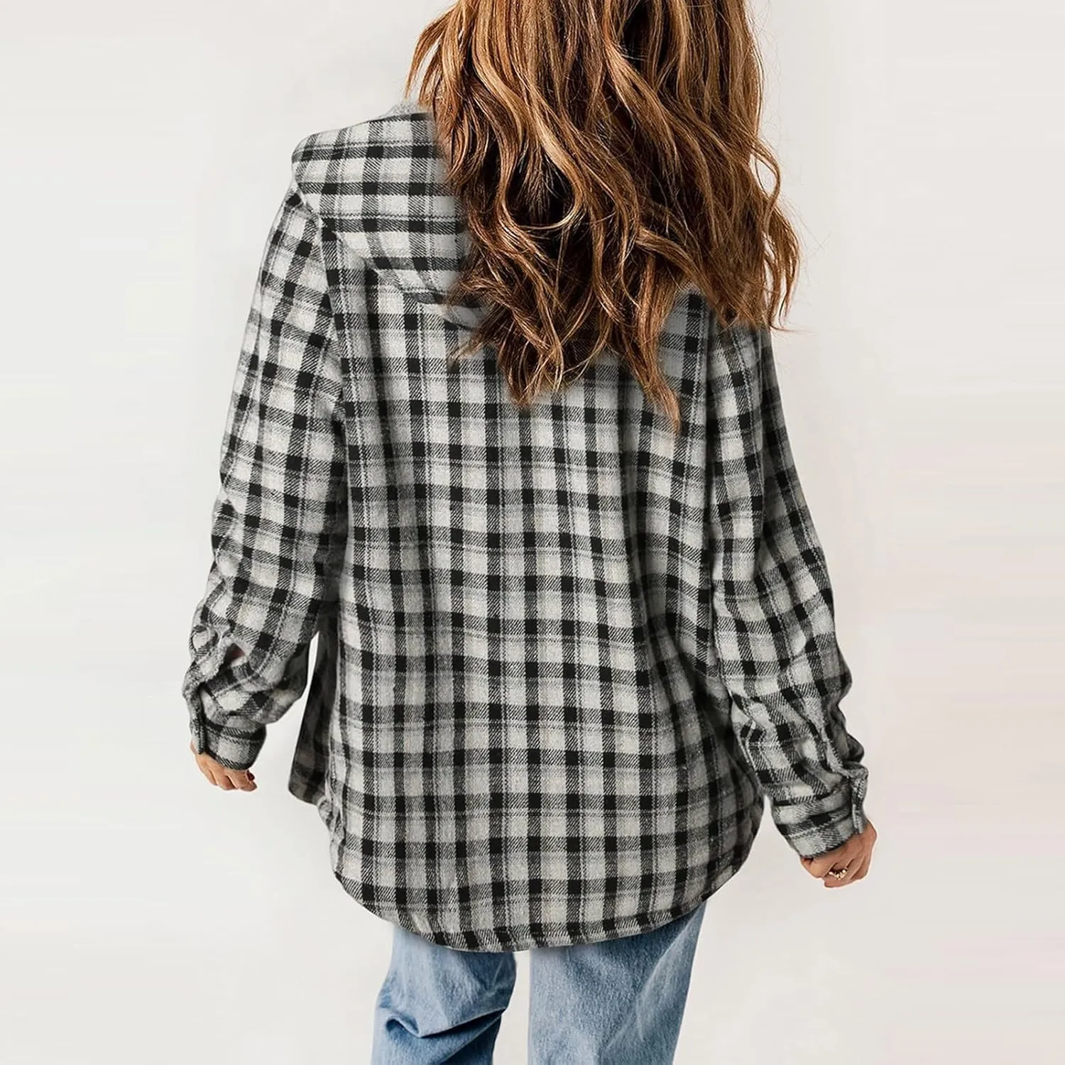 Miyaomn Women's Plaid Shacket Jacket Long Sleeve Button Down Fleece Lined Hooded Cardigan Jackets Warm Coats Sherpa Outerwear