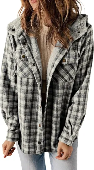 Miyaomn Women's Plaid Shacket Jacket Long Sleeve Button Down Fleece Lined Hooded Cardigan Jackets Warm Coats Sherpa Outerwear