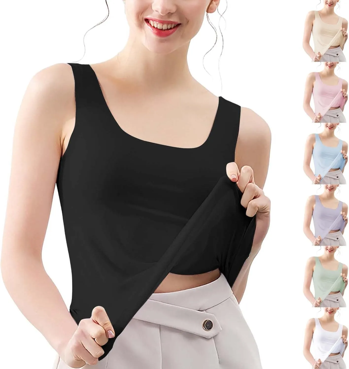 Miyaomn Workout Tank Top for Women Double Lined U Neck Sleeveless Padded Basic Crop Tops Athletic Camisoles with Built in Bra
