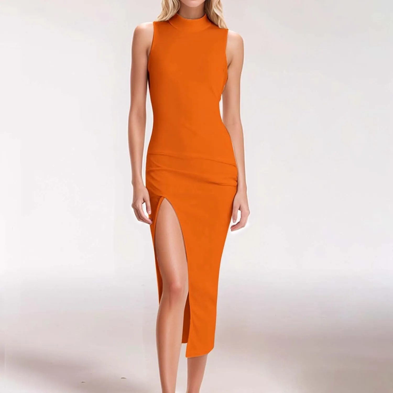 New Fashionable Women's Round Neck Sleeveless Slim Slit Midi Skirt Short Maxi Dresses for Women