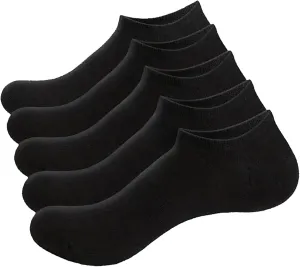 No-Show Athletic Socks, 5 Pairs, Low Cut Ankle Length, Black, Ribbed Design