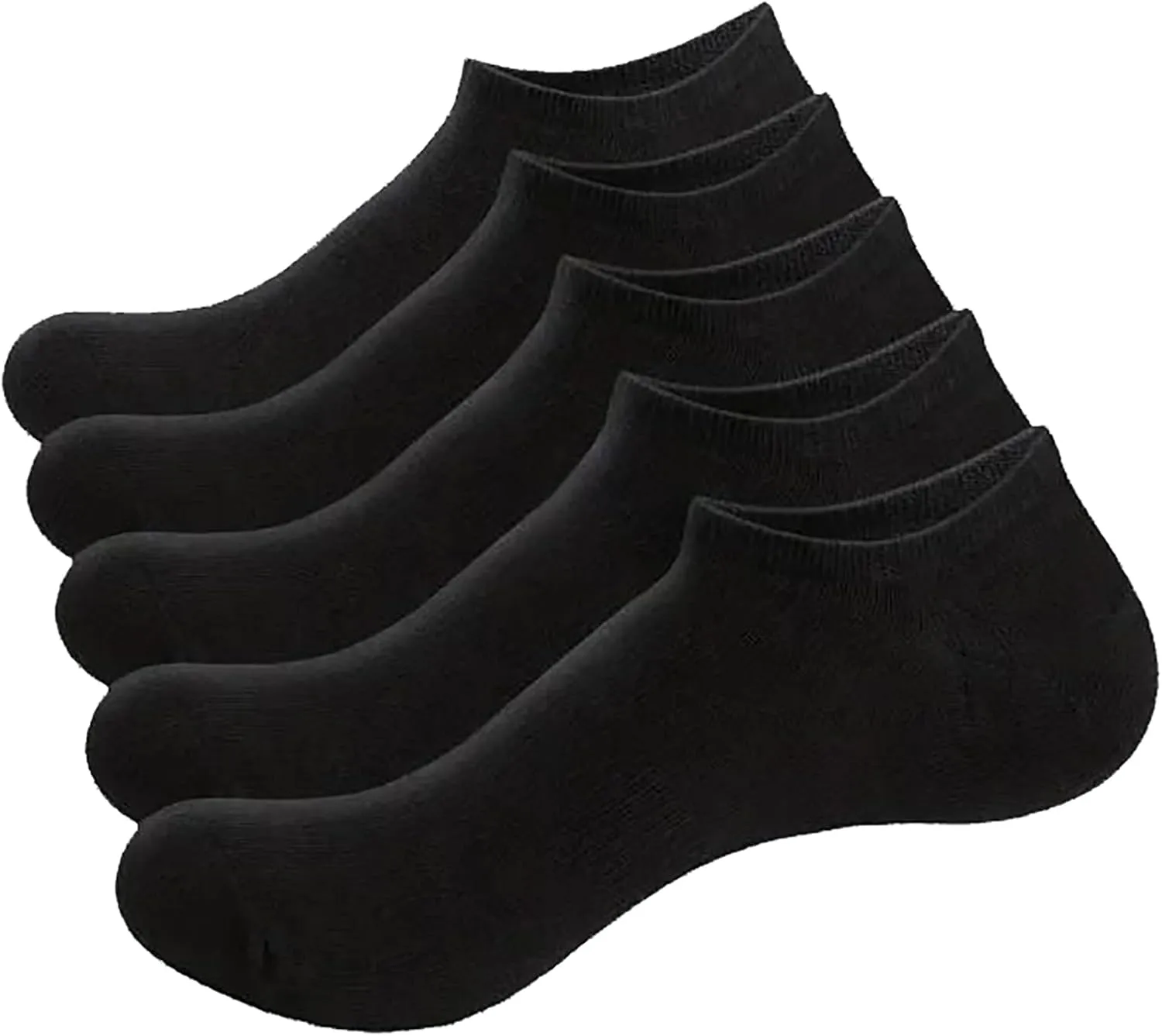 No-Show Athletic Socks, 5 Pairs, Low Cut Ankle Length, Black, Ribbed Design