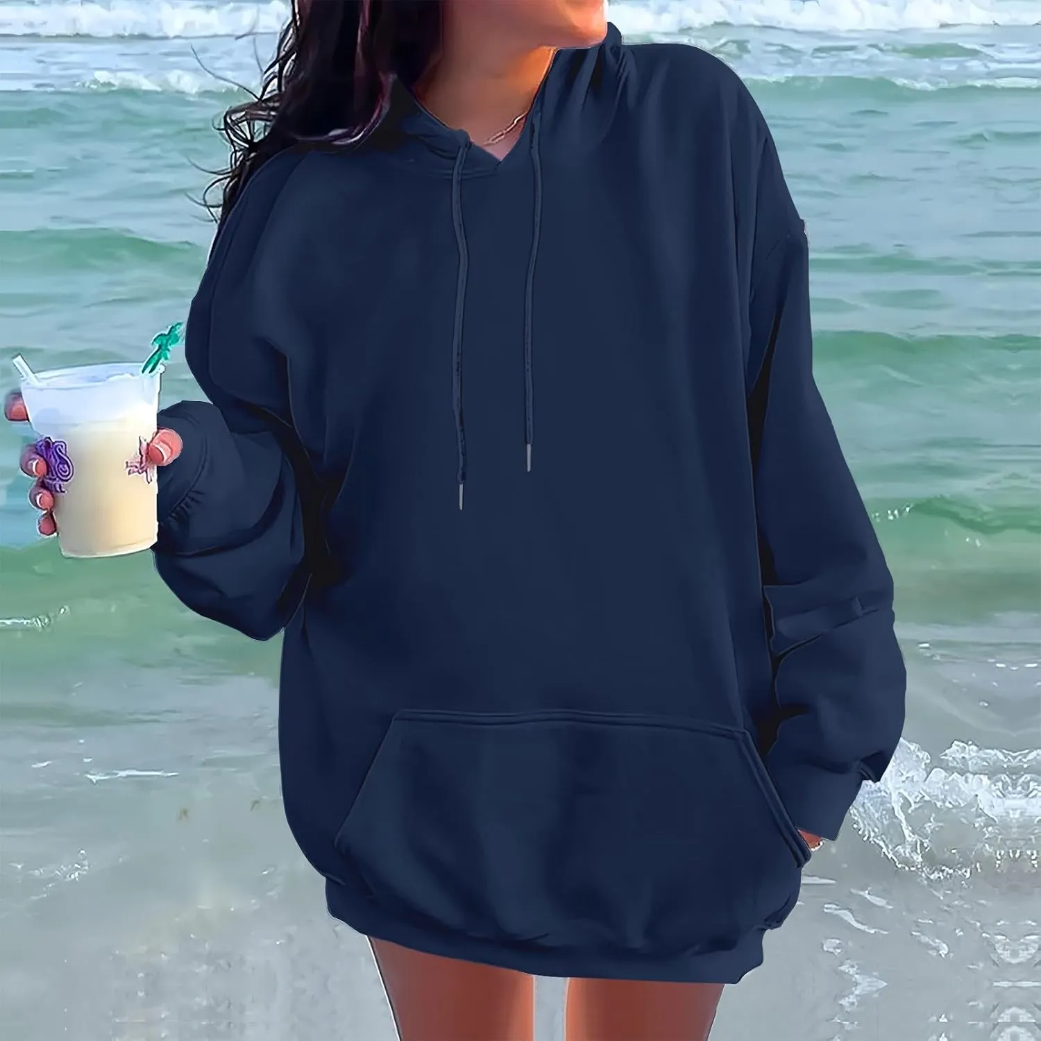 Oversized Hoodies for Women Fleece Plain Hooded Sweatshirts with Pocket Casual Long Sleeve Pullover Sweaters Y2k Tops