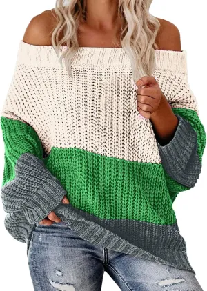 Oversized Sweaters for Women Sexy Off The Shoulder Pullover Sweater Color Block Ribbed Knit Loose Sweater