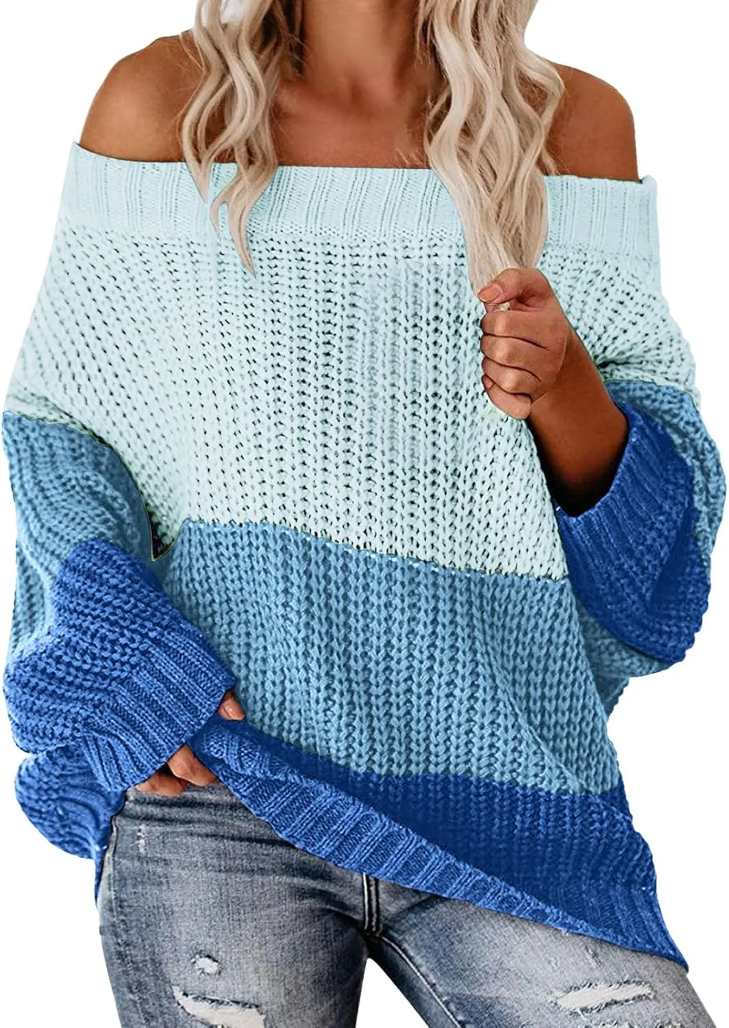Oversized Sweaters for Women Sexy Off The Shoulder Pullover Sweater Color Block Ribbed Knit Loose Sweater