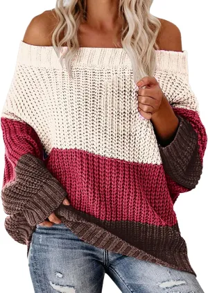 Oversized Sweaters for Women Sexy Off The Shoulder Pullover Sweater Color Block Ribbed Knit Loose Sweater