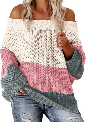 Oversized Sweaters for Women Sexy Off The Shoulder Pullover Sweater Color Block Ribbed Knit Loose Sweater