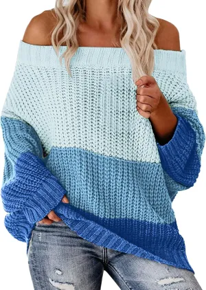 Oversized Sweaters for Women Sexy Off The Shoulder Pullover Sweater Color Block Ribbed Knit Loose Sweater