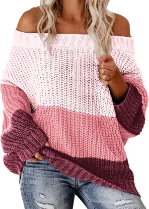 Oversized Sweaters for Women Sexy Off The Shoulder Pullover Sweater Color Block Ribbed Knit Loose Sweater