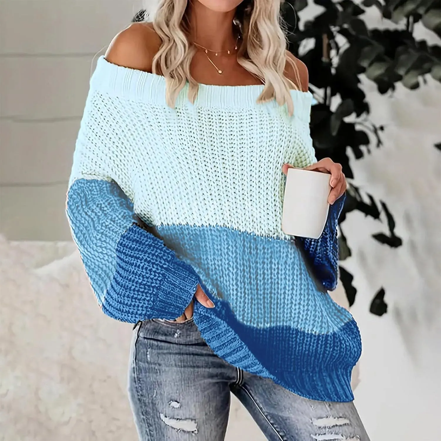 Oversized Sweaters for Women Sexy Off The Shoulder Pullover Sweater Color Block Ribbed Knit Loose Sweater