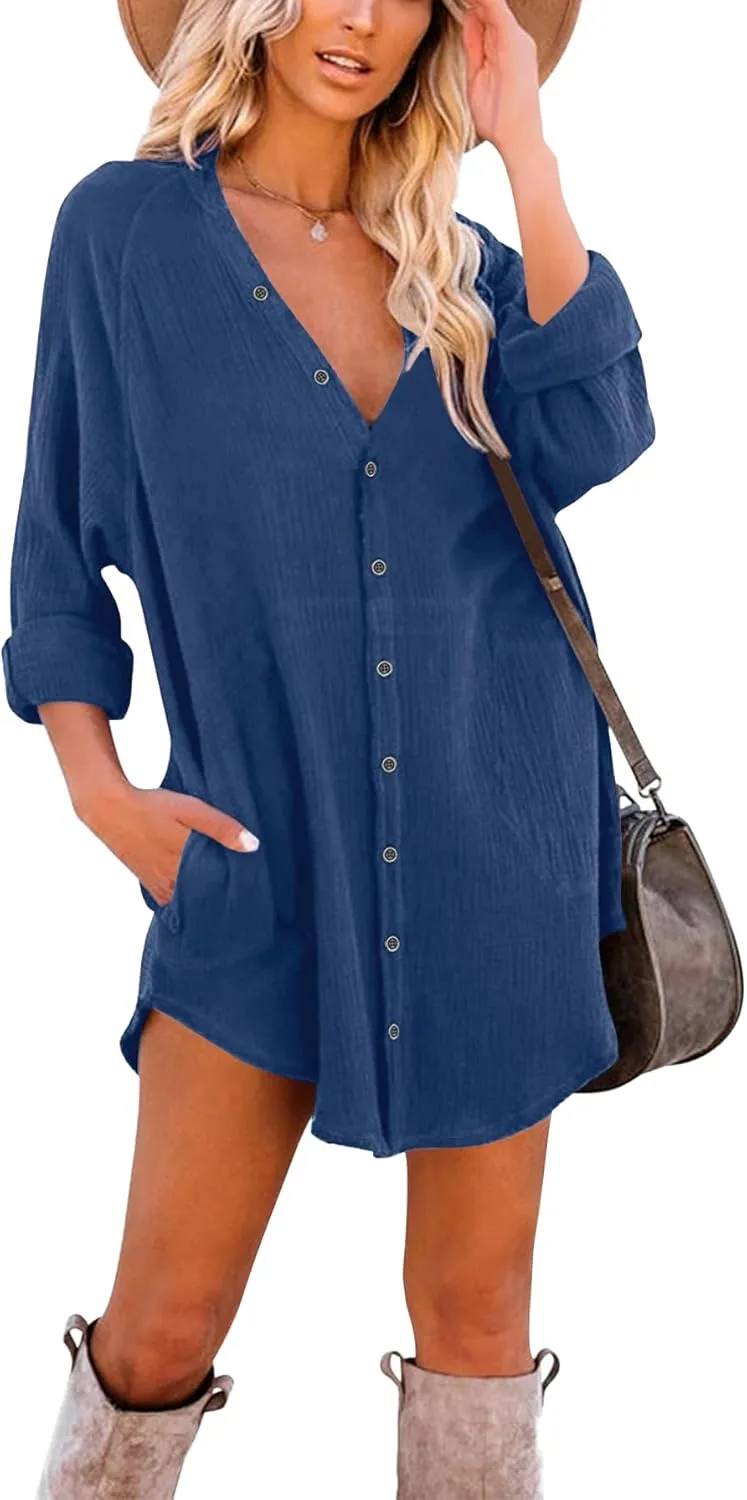Paintcolors Women's Long Sleeve Button Down Tunic Dresses Beach Cover-ups Oversized Blouse Tops with Pockets