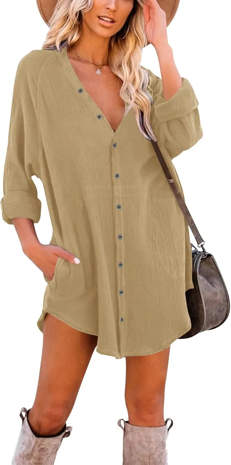 Paintcolors Women's Long Sleeve Button Down Tunic Dresses Beach Cover-ups Oversized Blouse Tops with Pockets