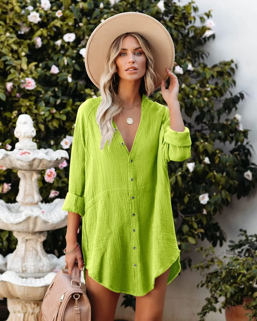 Paintcolors Women's Long Sleeve Button Down Tunic Dresses Beach Cover-ups Oversized Blouse Tops with Pockets