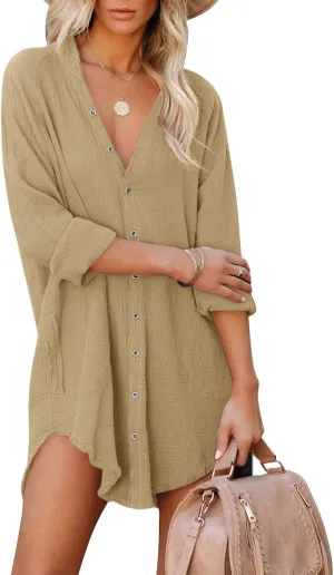 Paintcolors Women's Long Sleeve Button Down Tunic Dresses Beach Cover-ups Oversized Blouse Tops with Pockets