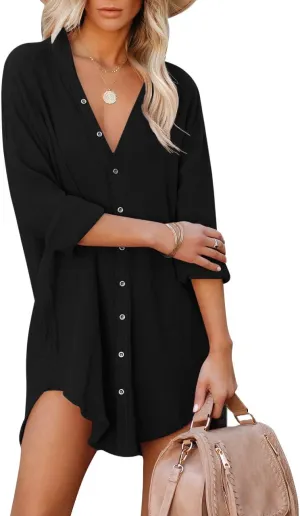 Paintcolors Women's Long Sleeve Button Down Tunic Dresses Beach Cover-ups Oversized Blouse Tops with Pockets