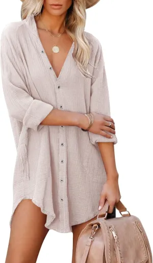 Paintcolors Women's Long Sleeve Button Down Tunic Dresses Beach Cover-ups Oversized Blouse Tops with Pockets