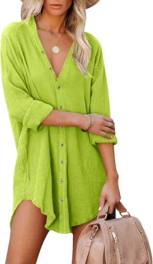 Paintcolors Women's Long Sleeve Button Down Tunic Dresses Beach Cover-ups Oversized Blouse Tops with Pockets