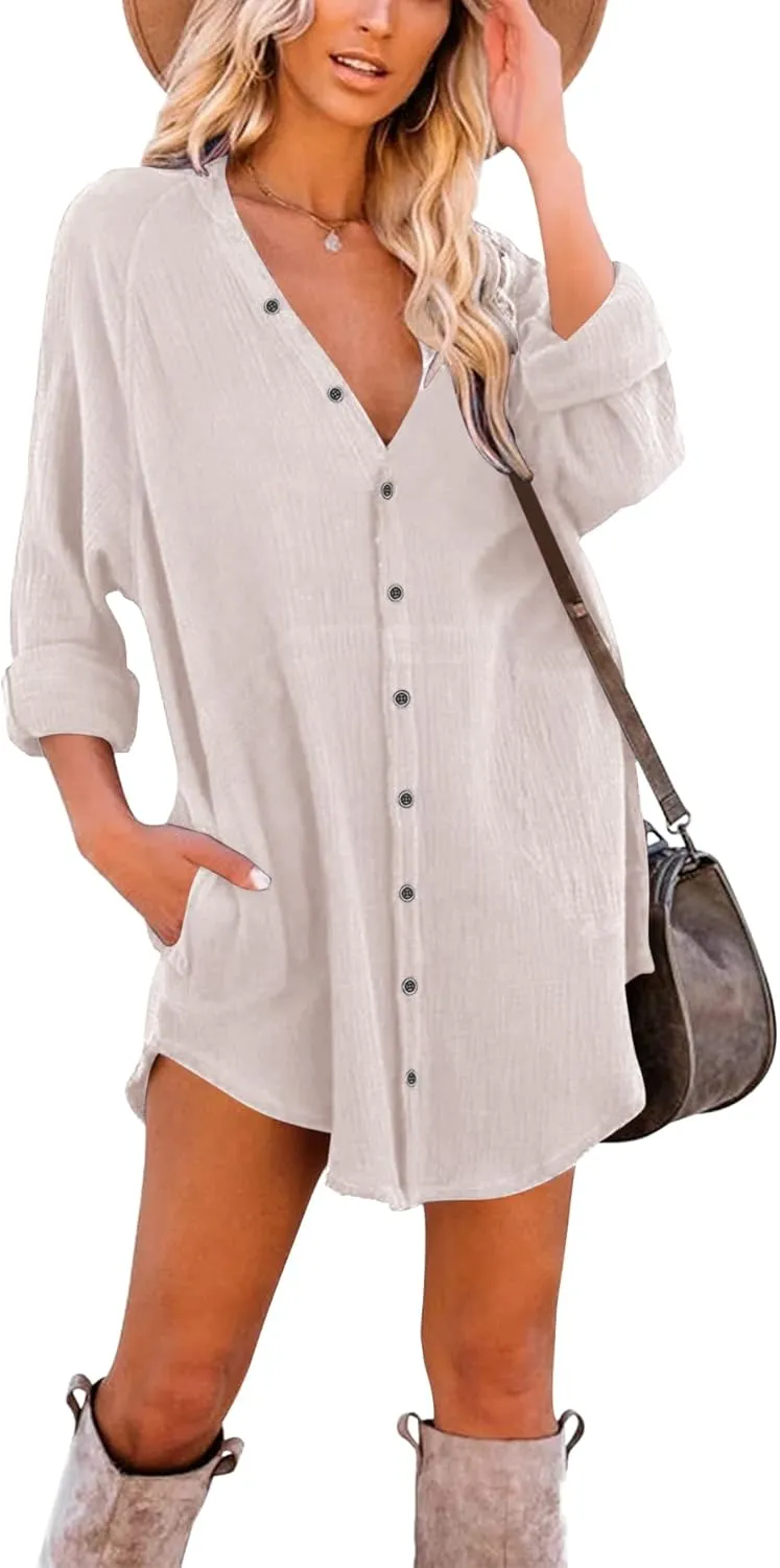 Paintcolors Women's Long Sleeve Button Down Tunic Dresses Beach Cover-ups Oversized Blouse Tops with Pockets