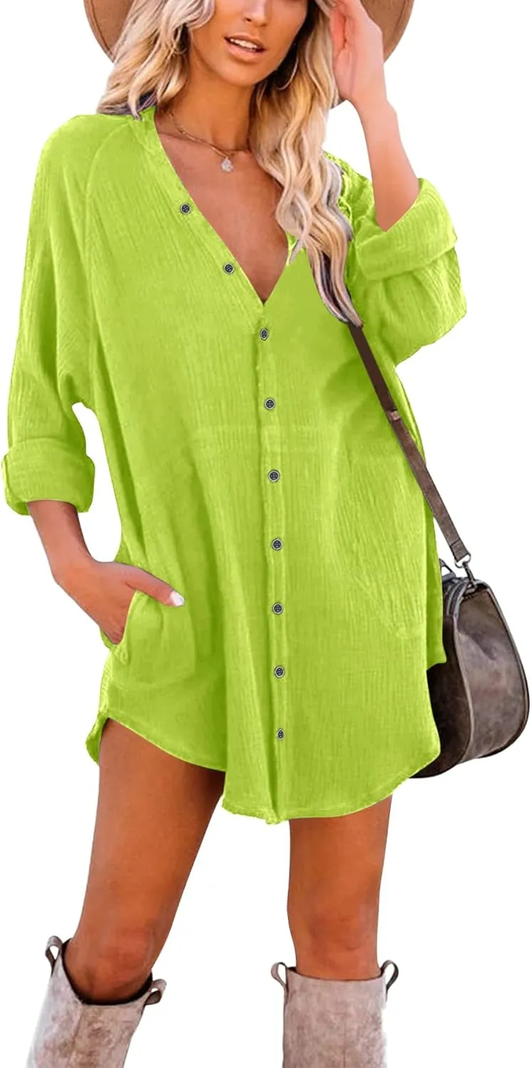 Paintcolors Women's Long Sleeve Button Down Tunic Dresses Beach Cover-ups Oversized Blouse Tops with Pockets