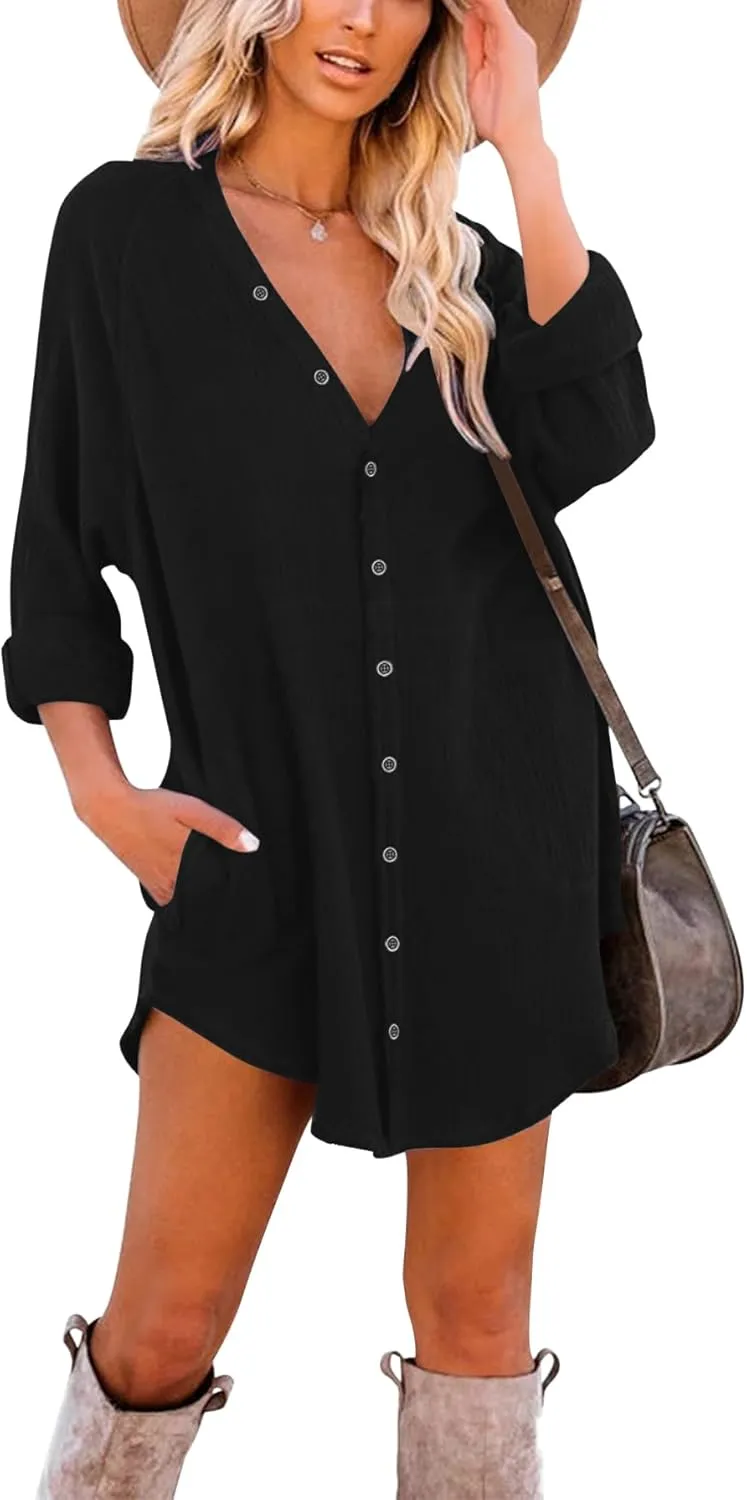 Paintcolors Women's Long Sleeve Button Down Tunic Dresses Beach Cover-ups Oversized Blouse Tops with Pockets