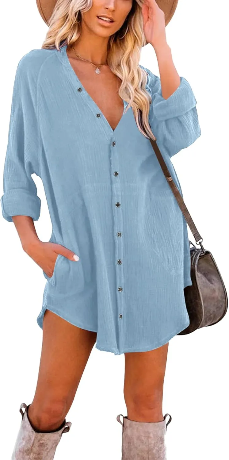 Paintcolors Women's Long Sleeve Button Down Tunic Dresses Beach Cover-ups Oversized Blouse Tops with Pockets