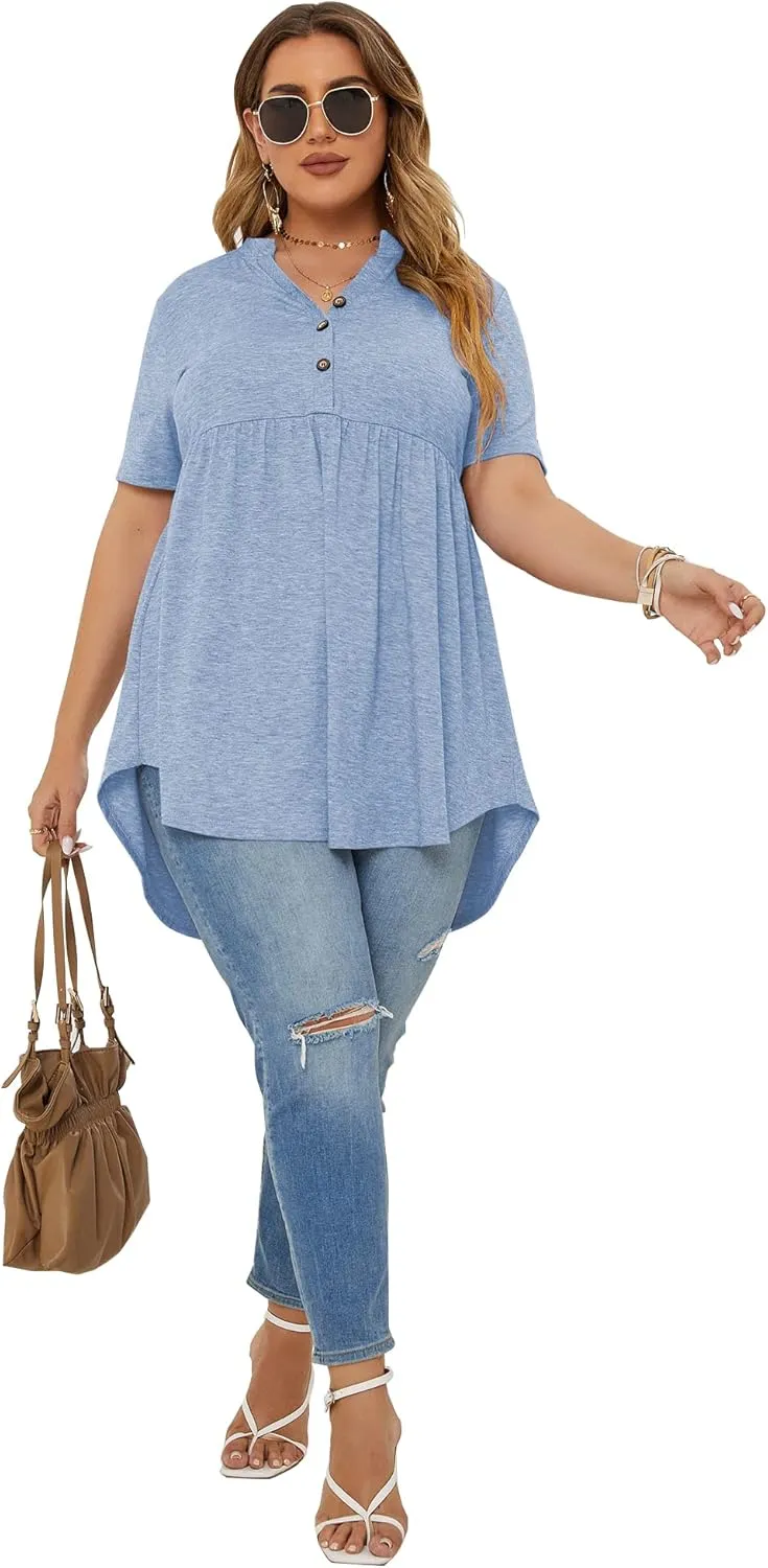 PLOKNRD Women's Plus Size Tops Short Sleeve Henley V Neck Button Up Flowy T Shirts Tunic Loose Blouses