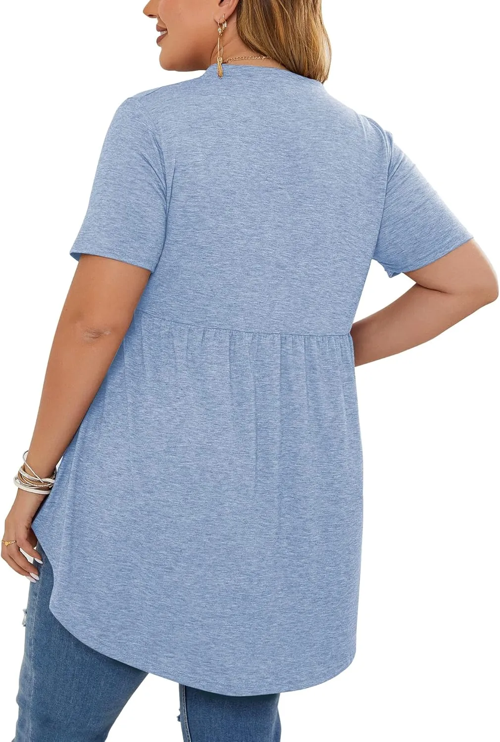 PLOKNRD Women's Plus Size Tops Short Sleeve Henley V Neck Button Up Flowy T Shirts Tunic Loose Blouses