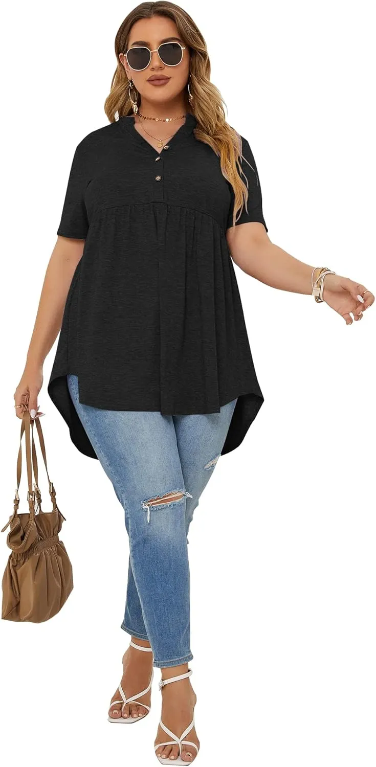 PLOKNRD Women's Plus Size Tops Short Sleeve Henley V Neck Button Up Flowy T Shirts Tunic Loose Blouses