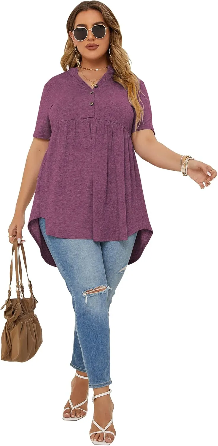 PLOKNRD Women's Plus Size Tops Short Sleeve Henley V Neck Button Up Flowy T Shirts Tunic Loose Blouses